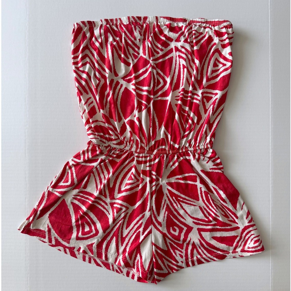 Zin Red White Abstract Floral Print Romper Women Size L Strapless Elastic Waist